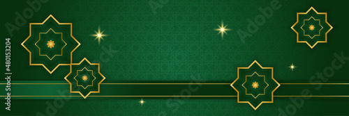 Ramadan Kareem banner background. Ramadan islamic holiday design templates with gold crescent moon, hand drawn lettering and mosque. Vector illustration.