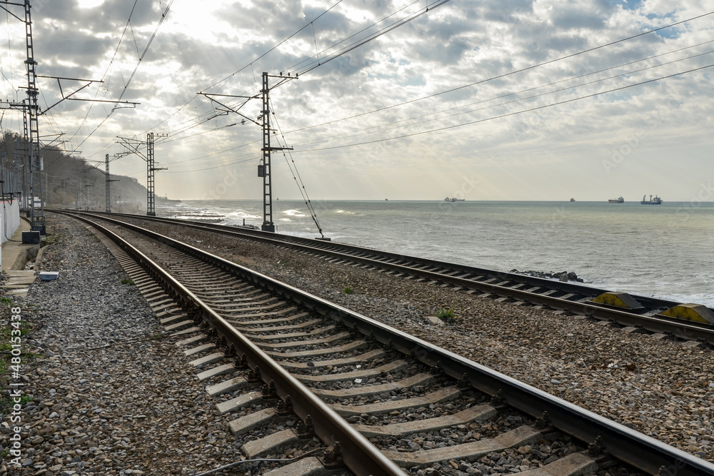 railway along Black sea in Tuapse (Krasnodar krai, Russia)
