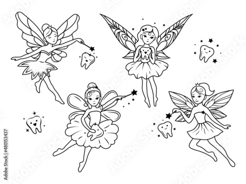 Set of tooth fairies. Collection of fairies with wings and tooth. Fairy tales creatures. Linear art. Vector illustration for children.