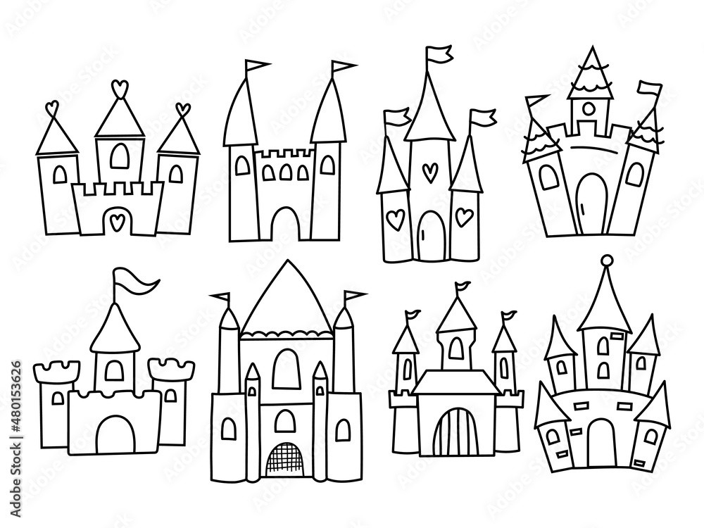 Set of different castles. Сollection of cute types of medieval castles. Architecture. Vector illustration of a princess house on a white background. Linear art