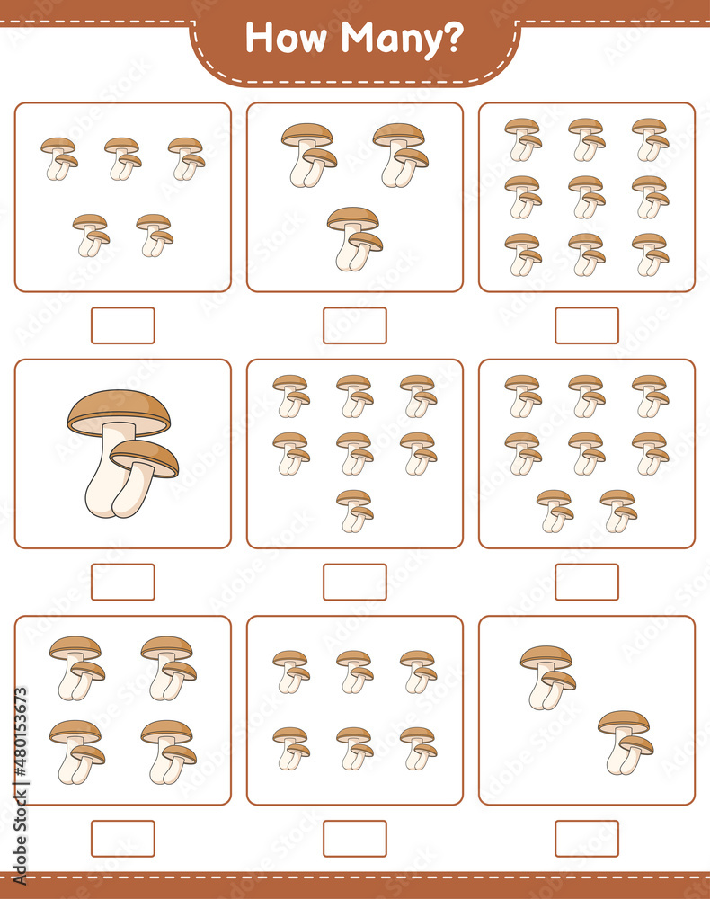 Counting game, how many Shiitake. Educational children game, printable worksheet, vector illustration