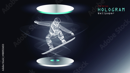 The series of hologram wallpaper. Action figure of a snow ski athlete on light projection.