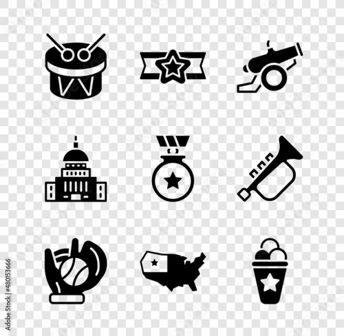 Set Drum and drum sticks, Star American military, Cannon, Baseball glove with ball, USA map, Ice cream in waffle cone, White House and Medal star icon. Vector
