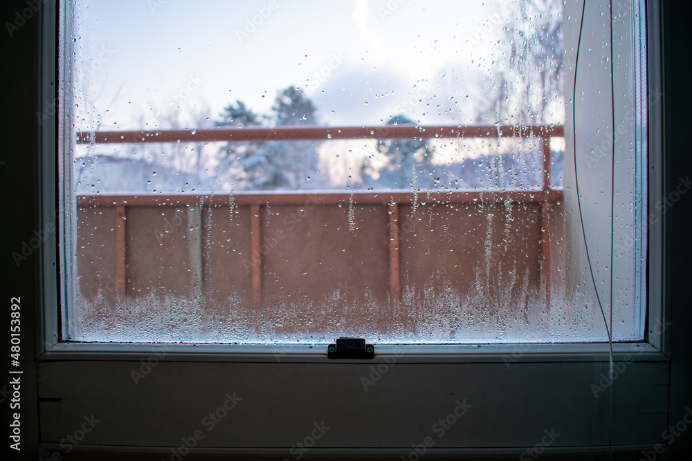 Water Droplets and Moisture in Door Frame. Water droplets and moisture
