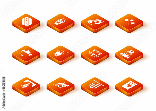 Set Liberty bell in Philadelphia, Cannon, Western cowboy hat, Beer pong game, American flag, Carnival garland with flags, Calendar date July 4 and Sheriff icon. Vector