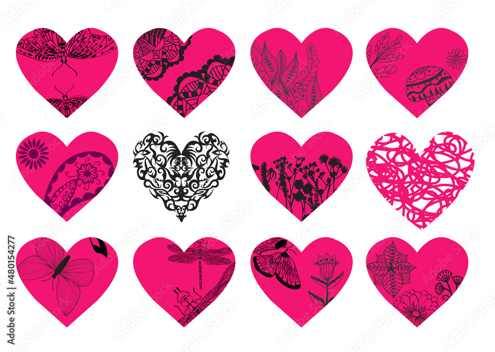 Hand drawn vector hearts set for tattoo design.