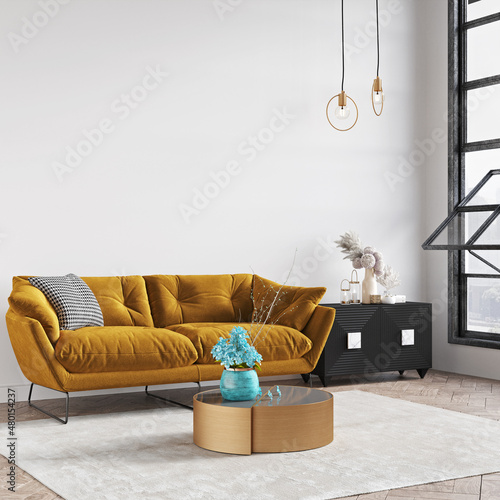 Beautiful interior of a modern room. Bright and clean design. A sofa standing by a large window against a wall background. 3D rendering © Roman King