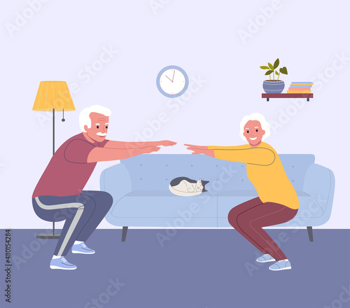 Elderly man and woman do exercises at home. Living room interior. Stay home. Flat style cartoon vector illustration.
