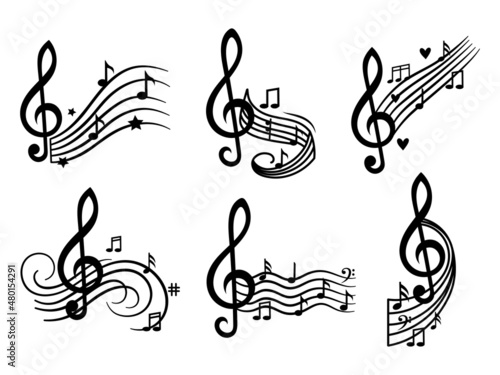 Set of treble clef with notes. Collection of sheet music on the stave. Musical symbol. Vector illustration isolated on white background.