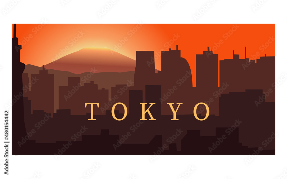 Tokyo silhouette, sun, mountains, city, Triple poster, banner, website page