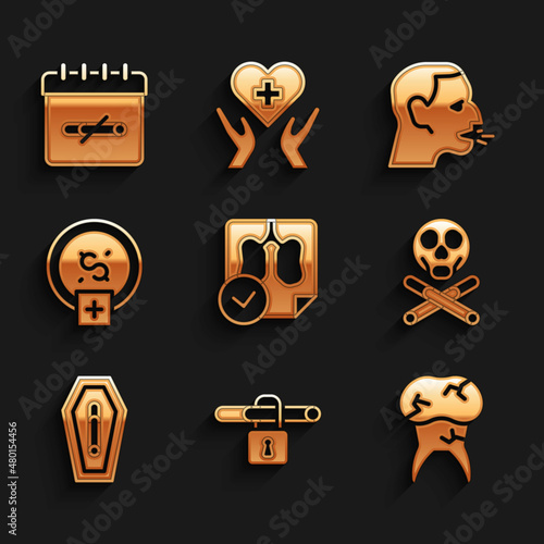 Set Lungs x-ray diagnostics, No smoking, Tooth with caries, Bones and skull, Death from, Stop money saving, Man coughing and days icon. Vector