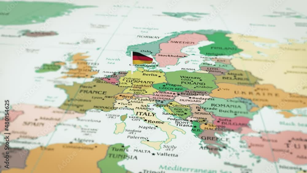 Animation video of Germany on the map and approaching its flag. Shot of the red Germany flag with a waving star in focus in high resolution. Which has borders and neighboring countries. Animation video of Germany on the map and approaching its flag. Shot of the red Germany flag with a waving star in focus in high resolution. Which has borders and neighboring countries.