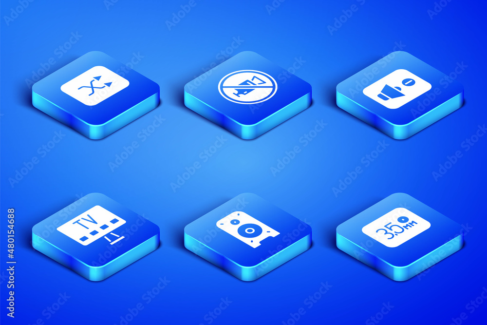 Set Audio jack, Arrow shuffle, Stereo speaker, Smart Tv, Prohibition no video recording and Speaker mute icon. Vector Set Audio jack, Arrow shuffle, Stereo speaker, Smart Tv, Prohibition no video recording and Speaker mute icon. Vector