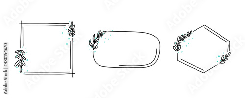 Geometric floral frame set, border with leaves,wreaths, flower doodle elements. Hand drawn sketch style for invitation, greeting card,social media and blog.