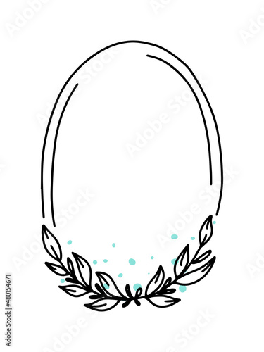 Oval geometric vector floral frame, border with doodle leaf elements. Hand drawn sketch style for invitation, greeting card, social media