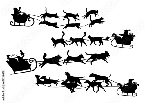 Set of Santa flying in a sleigh with pets. Collection of silhouette of Santa Claus giving out gifts in harness with cats and dogs. Happy New Year. Vector illustration for holiday cards.