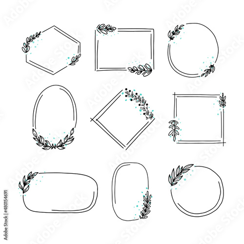 Geometric floral frame set, border with leaves,wreaths,flower doodle elements. Hand drawn sketch style for invitation, greeting card,social media and blog.