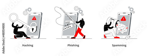 A hacker is engaged in phishing on a smartphone. A set of mobile phone screen templates on the topic of cybercrime.