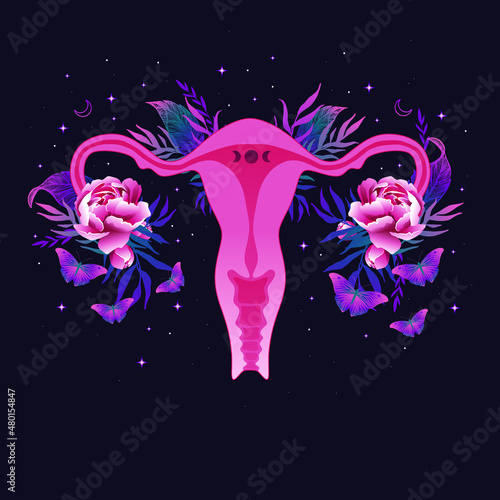 Beautiful female reproductive organs with flowers. Woman's symbol. Phases of the moon.