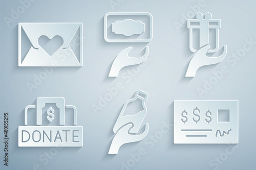 Set Donation water, Give gift, and charity, Bank check, and Envelope with heart icon. Vector