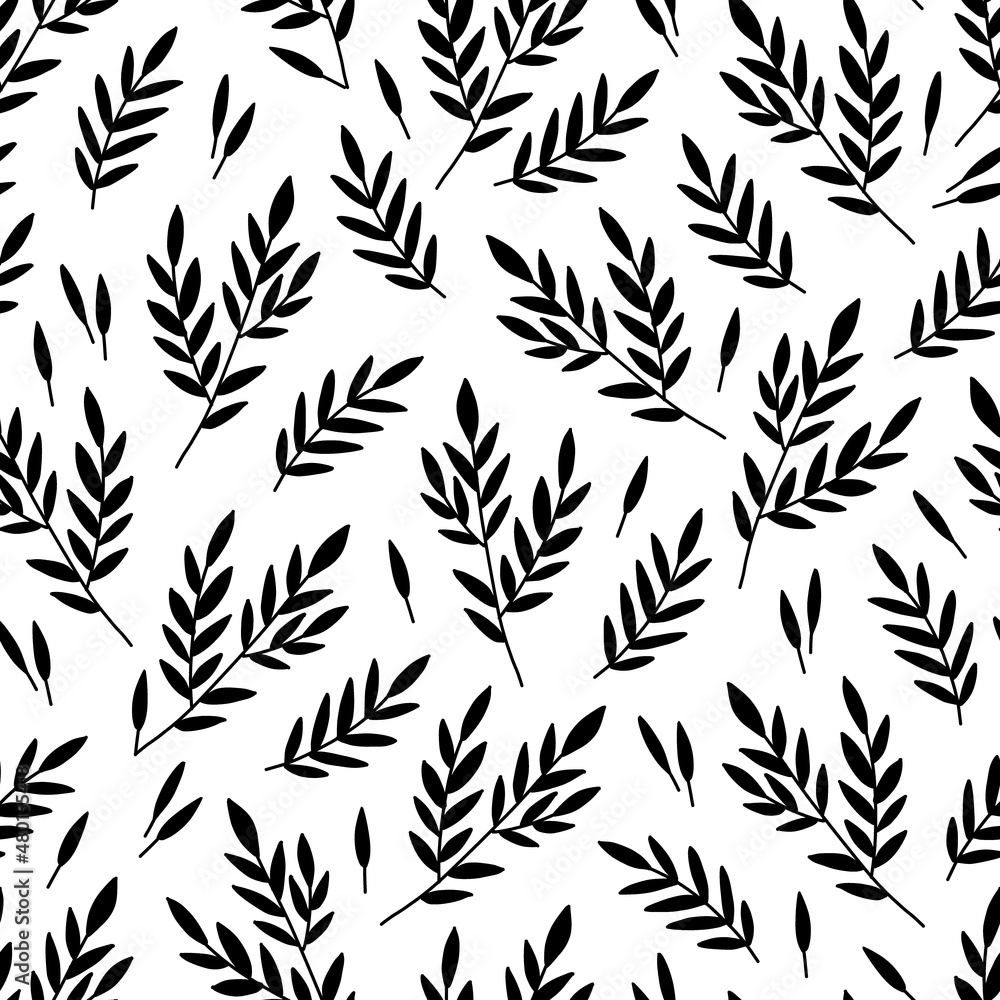Monochrome endless seamless floral pattern with leaves in doodle style Monochrome endless seamless floral pattern with leaves in doodle style