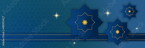 Ramadan Kareem Banner Background with moon, islamic pattern, lantern. Gold moon and abstract luxury islamic elements background