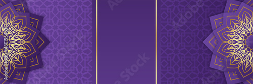 Ramadan Kareem Banner Background with moon, islamic pattern, lantern. Gold moon and abstract luxury islamic elements background