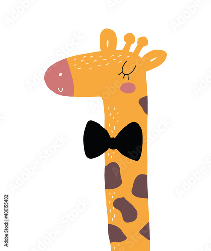 Cute Abstract Nursery Vector Illustration with Funny Hand Drawn Giraffe with Black Bow and Long Neck Isolated on a White Background. Safari Party Print ideal for Card, Wall Art, Invitation, Poster.