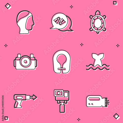 Set Diving hood, Flippers for swimming, Turtle, Photo camera diver, Life jacket, Whale tail, Fishing harpoon and Action extreme icon. Vector