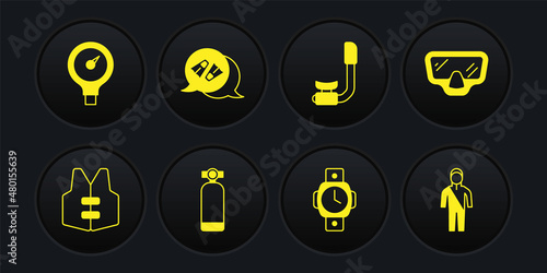 Set Life jacket, Diving mask, Aqualung, watch, Snorkel, Flippers for swimming, Wetsuit scuba diving and Gauge scale icon. Vector