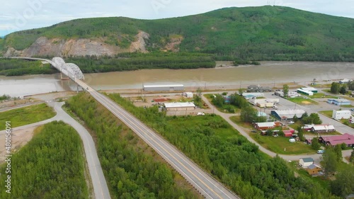 4K Drone Video of Alaska Native Vererans' Honor Steel Truss Bridge over the Tanana River at Nenana, Alaska during Summer Day photo