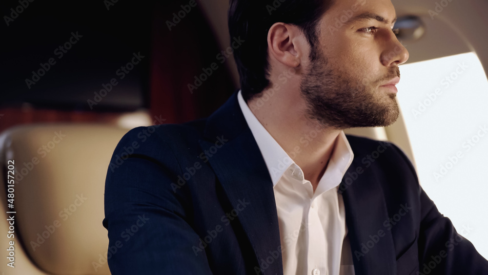 Bearded businessman in suit in private jet. Bearded businessman in suit in private jet.