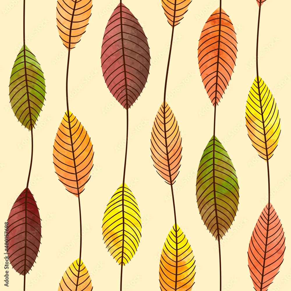 Autumn leaves seamless watercolor pattern. Vector fall background with colorful leaf