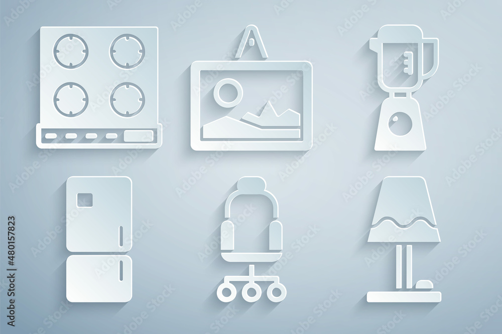 Set Office chair, Blender, Refrigerator, Table lamp, Picture and Gas stove icon. Vector Set Office chair, Blender, Refrigerator, Table lamp, Picture and Gas stove icon. Vector