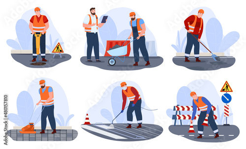 Road repairing industrial workers collection vector flat illustration. Male engineer staff service