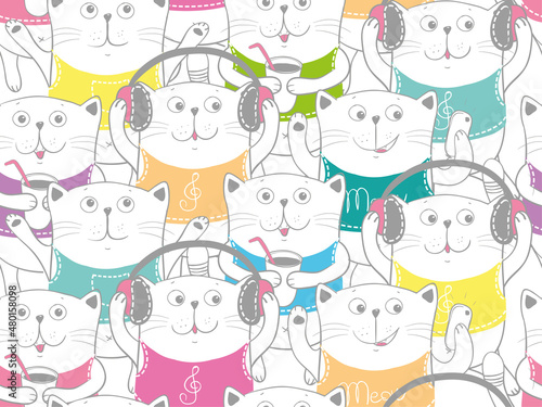 Fototapeta Naklejka Na Ścianę i Meble -  Cute cartoon character cats with coffee, headphones, phone. Set of funny cats illustration. Seamless pattern with cat