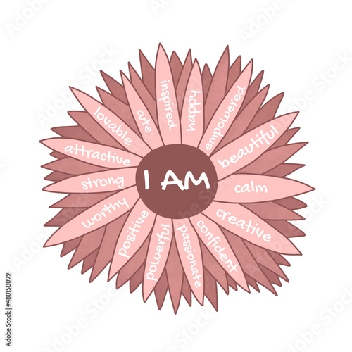 I am affirmations chamomile flower. Self love concept for women empowerment. Positive affirmative self talk to motivate. photo