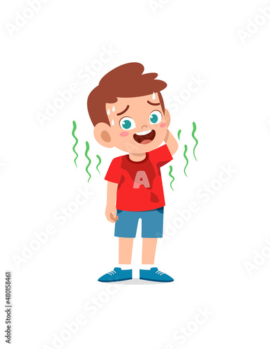 cute little boy have sweaty body and bad smell