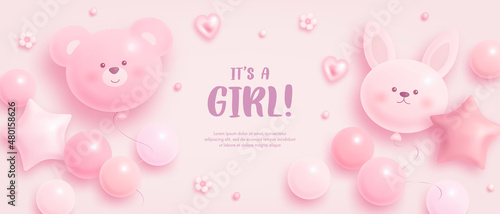 Baby shower horizontal banner with cartoon bear, rabbit, helium balloons and flowers on pink background. It's a girl. Vector illustration