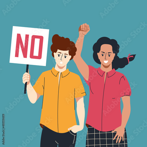 Protest, rally. The girl and the guy with the poster do not agree with what is happening. Vector image. 