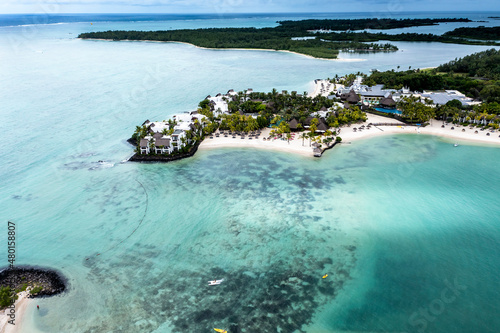 Aerial view, bay at Grand Port, Hotel Shangri-la le Touessrok, ile Chat, il aux Cerfs, Flacq, Mauritius, Africa photo