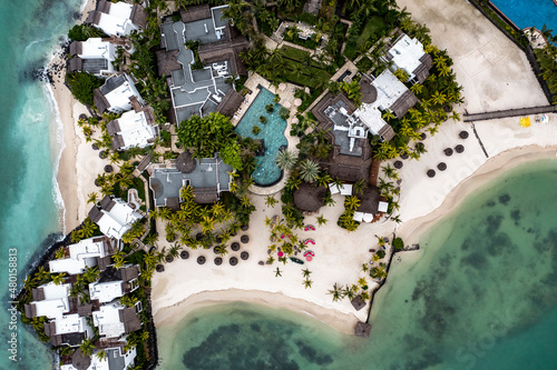 Aerial view, bay at Grand Port, Hotel Shangri-la le Touessrok, ile Chat, il aux Cerfs, Flacq, Mauritius, Africa photo