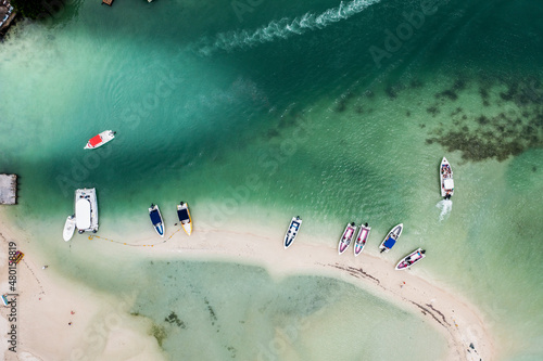 Aerial view, bay at Grand Port, il aux Cerfs with bays, sandbanks, and water sports, Flacq, Mauritius, Africa photo