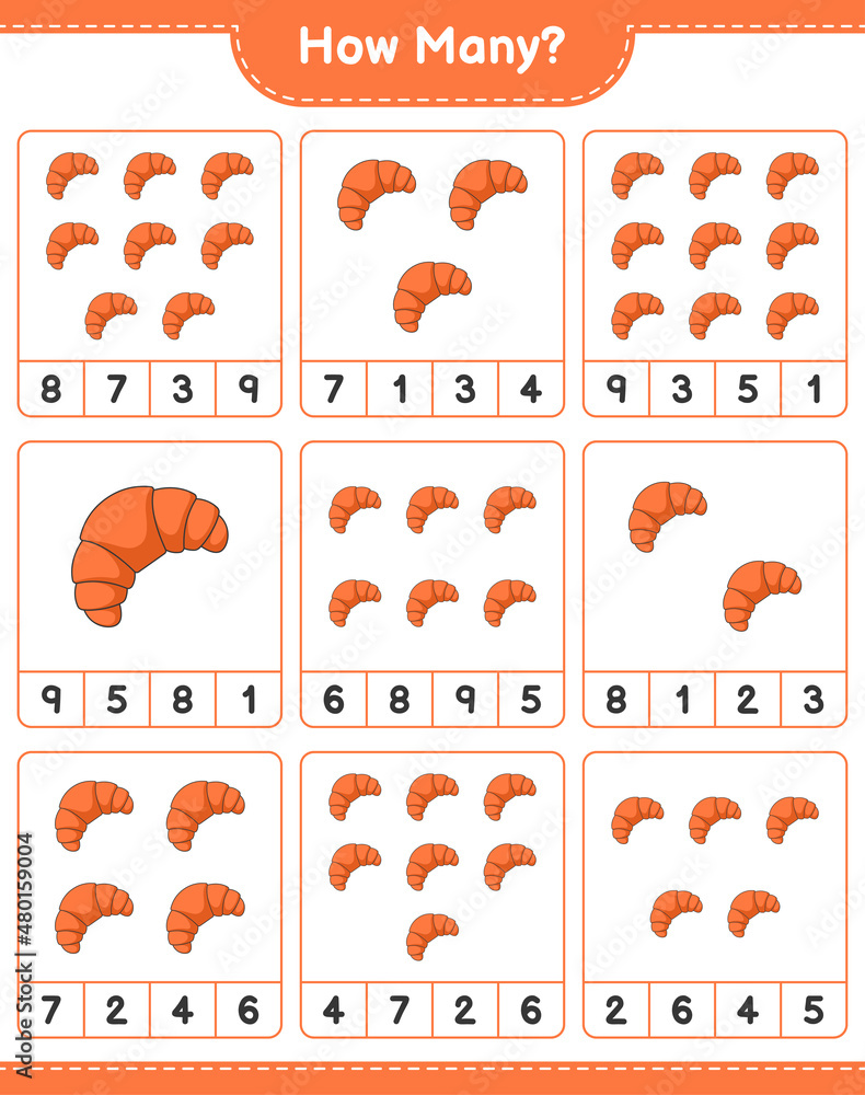 Counting game, how many Croissant. Educational children game, printable worksheet, vector illustration Counting game, how many Croissant. Educational children game, printable worksheet, vector illustration