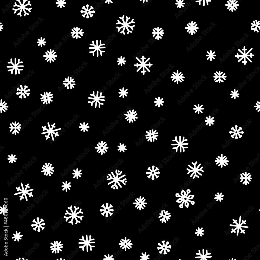Seamless pattern of white snowflakes on a black background. Simple pattern for backdrops, wrapping paper and seasonal design. Christmas background with snow in scandinavian style