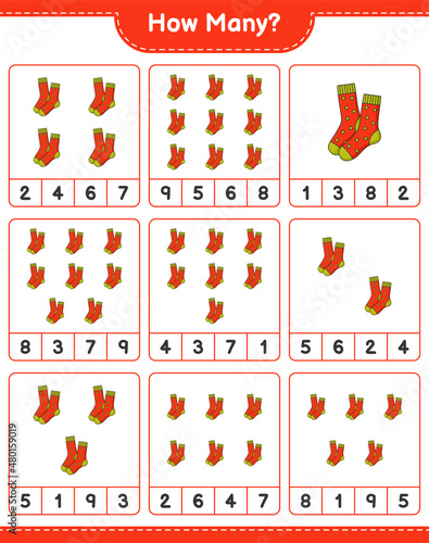 Counting game, how many Socks. Educational children game, printable worksheet, vector illustration