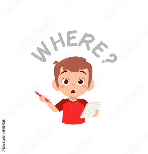 cute little boy holding note book as journalist
