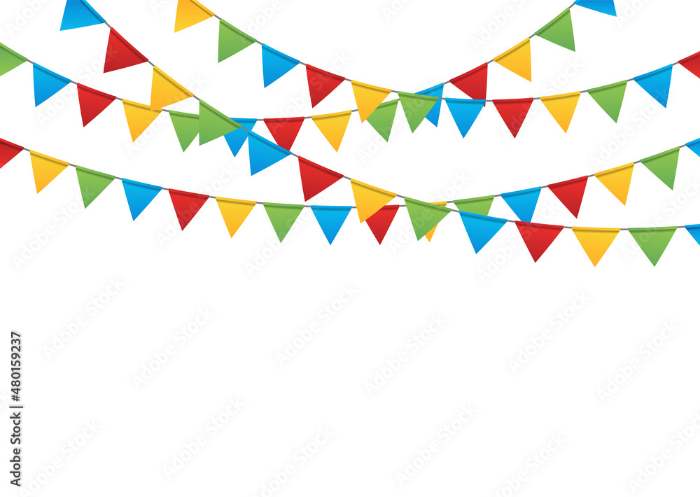 Garland with flags for party, birthday background. Bunting festive, carnival, fair banner with triangle flags of happy.Hanging string triangular decor of bright green, yellow, red, blue for celebrate Garland with flags for party, birthday background. Bunting festive, carnival, fair banner with triangle flags of happy.Hanging string triangular decor of bright green, yellow, red, blue for celebrate