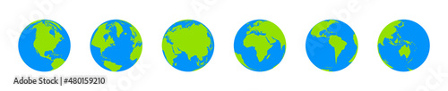 Globe of world, earth. Vector transparent 3d world map icons on background. Europe, Asia, Africa, America, Australia on globus. Set of global planets, simple flat spheres in black color illustration