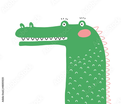 Cute Abstract Nursery Vector Illustration with Green Hand Drawn Alligator Isolated on a White Background. Safari Party Print with Funny Crocodile ideal for Card, Wall Art, Invitation, Poster.